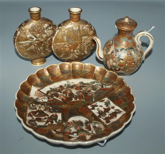 Pair of Satsuma small moon flasks, a teapot and a scalloped plate